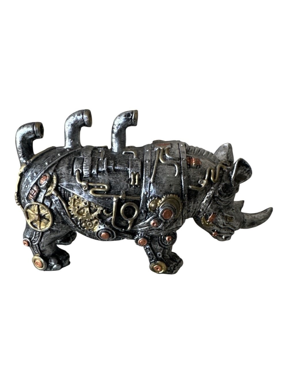 Steampunk Mechanical Rhino Figurine Mixed Metallic Resin Sculpture